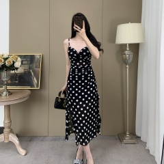 Real photos of foreign trade summer polka dot print waist-hugging temperament commuting long skirt sexy slit dress