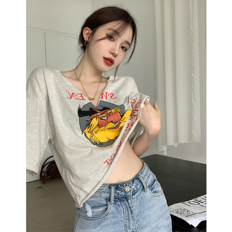 Official picture 6535 cotton pull-up fun letter printed short-sleeved T-shirt fashionable design v-neck top