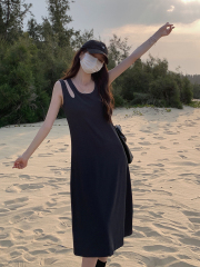 95 polyester 5 spandex summer new large-size women's Korean version off-shoulder A version slim and versatile vest long dress trendy