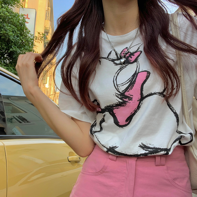 #Real shot of 200g pure cotton shoulder-side back collar personalized deer printed short-sleeved T-shirt for women in summer new style