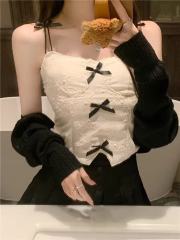 非實拍 辣妹蝴蝶結吊帶背心新款花邊露背性感內搭短款上衣潮