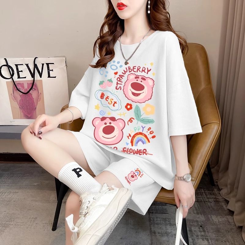 Real photos and smooth cotton casual sportswear suits for summer new style student shorts T-shirts large size two-piece set women's fashion