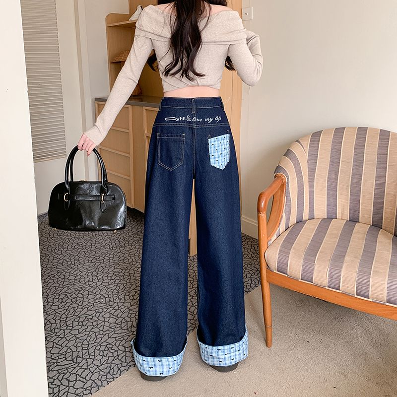 Real shot~ American retro plaid spliced ​​jeans for women's design bow pants loose wide-leg pants