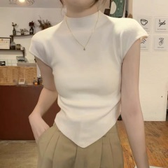 Irregular semi-high neck solid color short-sleeved sweater for women in summer slim fit and slim temperament short versatile top