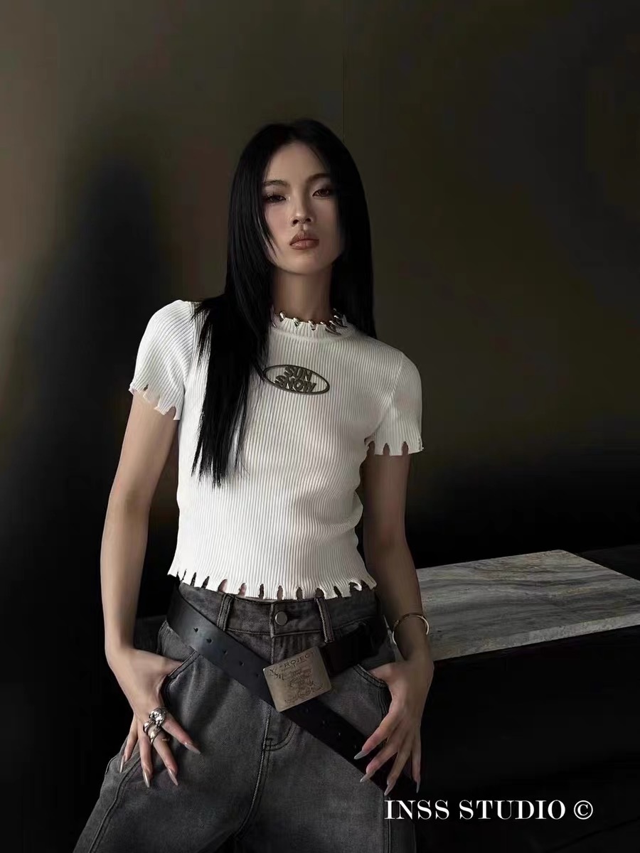 獨特别致甜辣妹修身短款曲珠針織流蘇上衣設計感小眾短袖t恤女夏