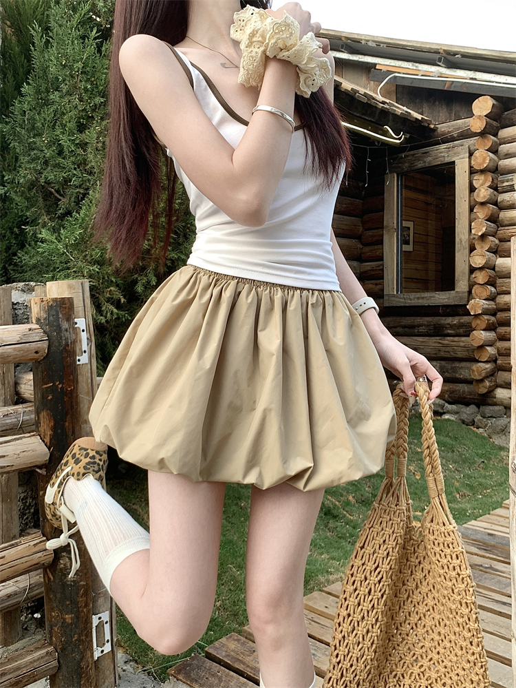 實拍~雲朵蓬蓬感高腰a字花苞褶皺半身裙女新款燈籠防走光短裙