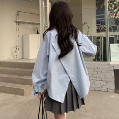 實拍  設計感小眾早春慵懶風長袖藍色又頭拉鏈襯衣後背不規則
