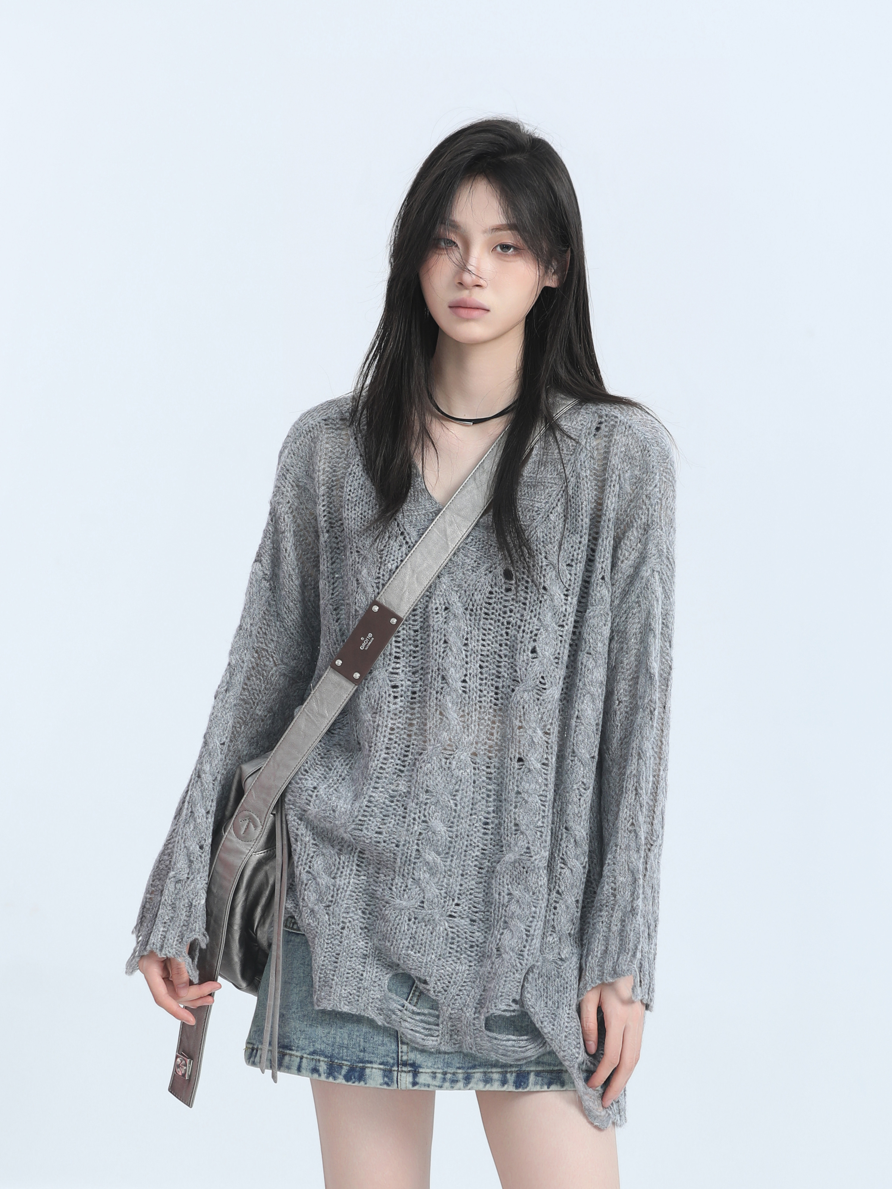 Lazy style gray v-neck hollow sweater women's atmosphere slightly transparent layered blouse