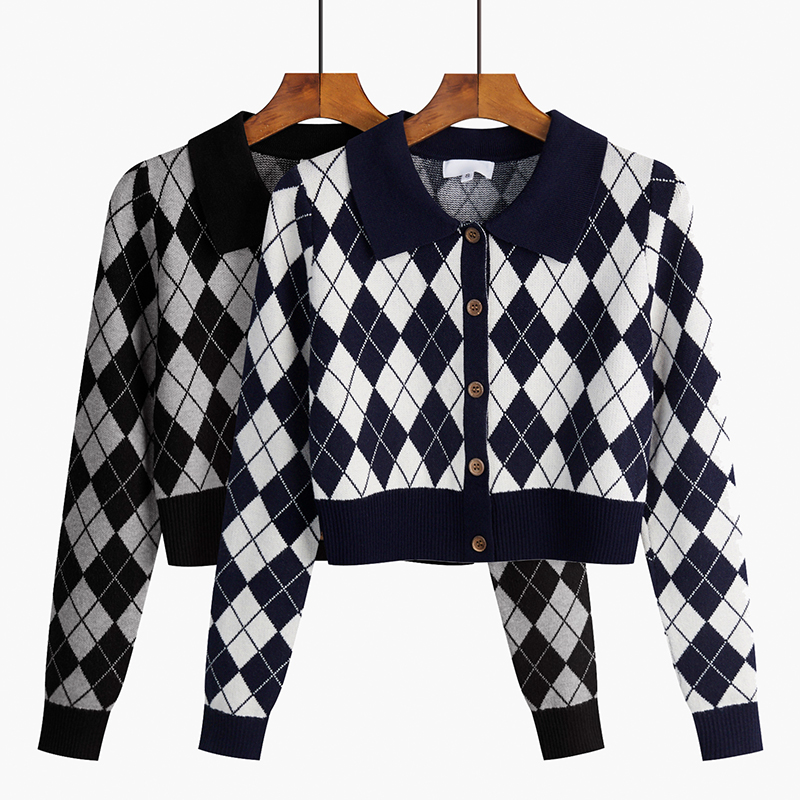 Polo-collar sweater for women long-sleeved diamond plaid new cardigan jacket short checkered top