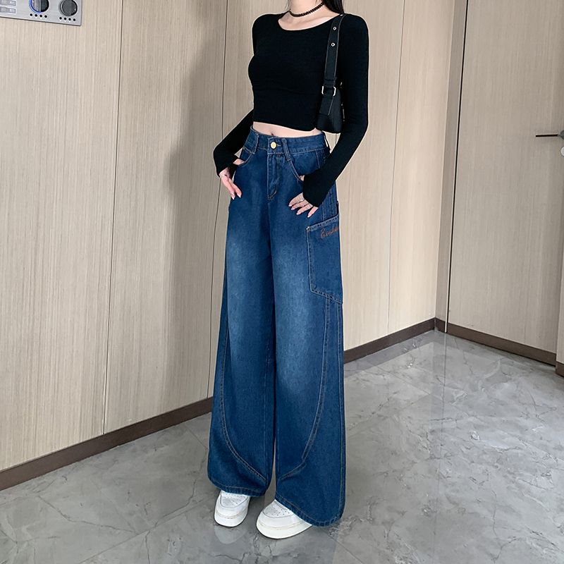 Real shot~ American large pocket scimitar jeans for women's new design feel loose wide-leg embroidered floor pants