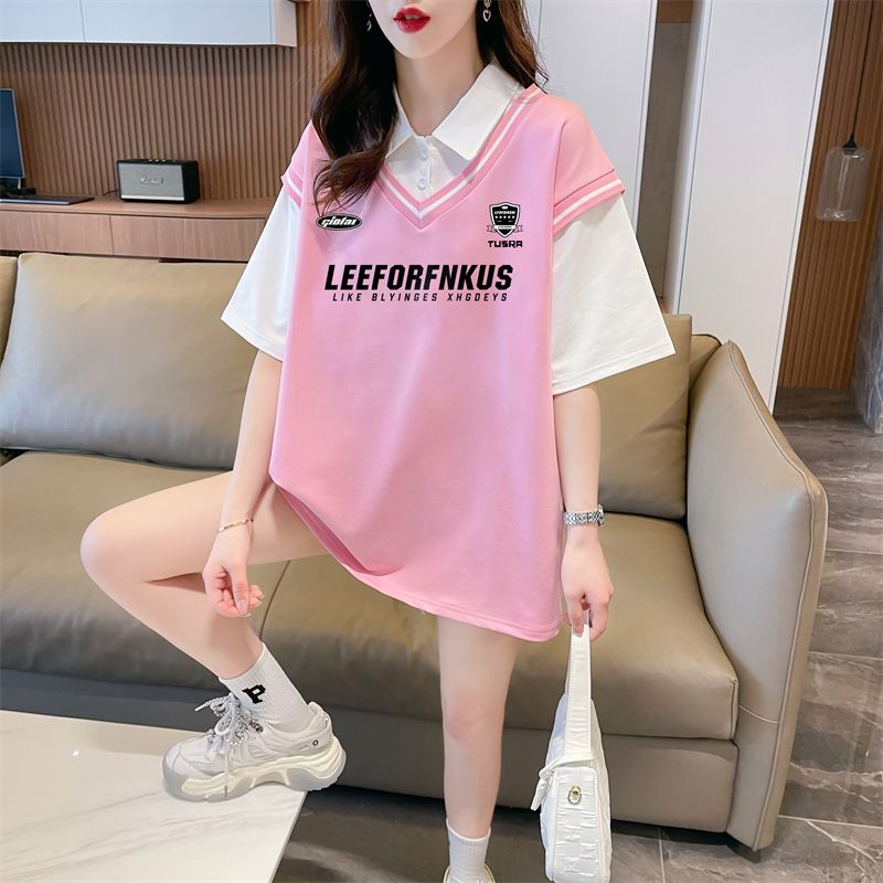 Real shot of polo neck fake two-piece T-shirt large-size women's new summer fashionable age-reducing loose short-sleeved top trendy