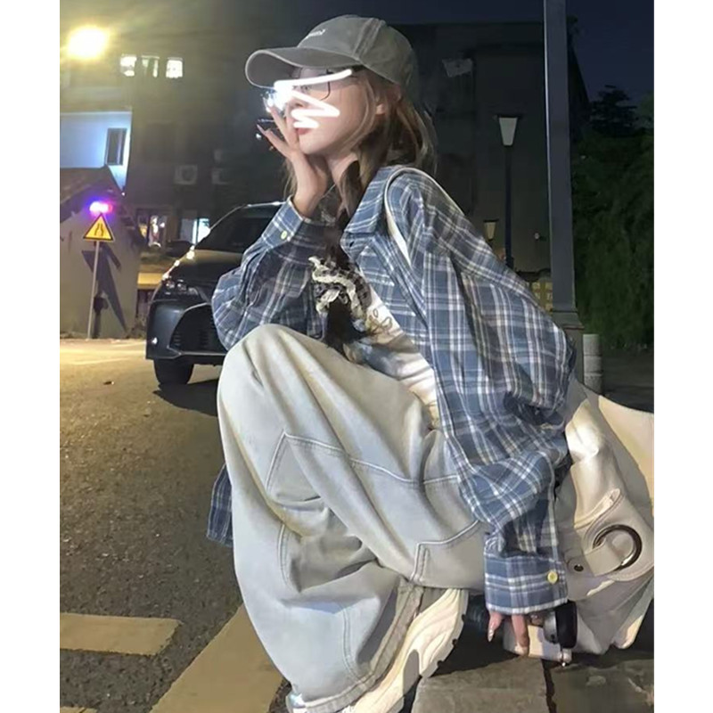 非實拍 法式藍色格子長袖襯衫外套新款寬鬆休閒襯衣百搭上衣