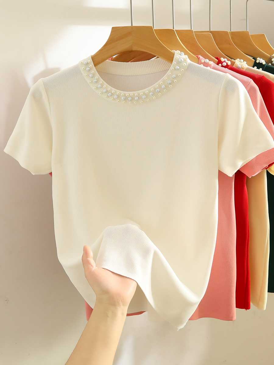 Pearl round neck sweater summer light luxury temperament unique casual loose ice silk thin pullover base shirt top