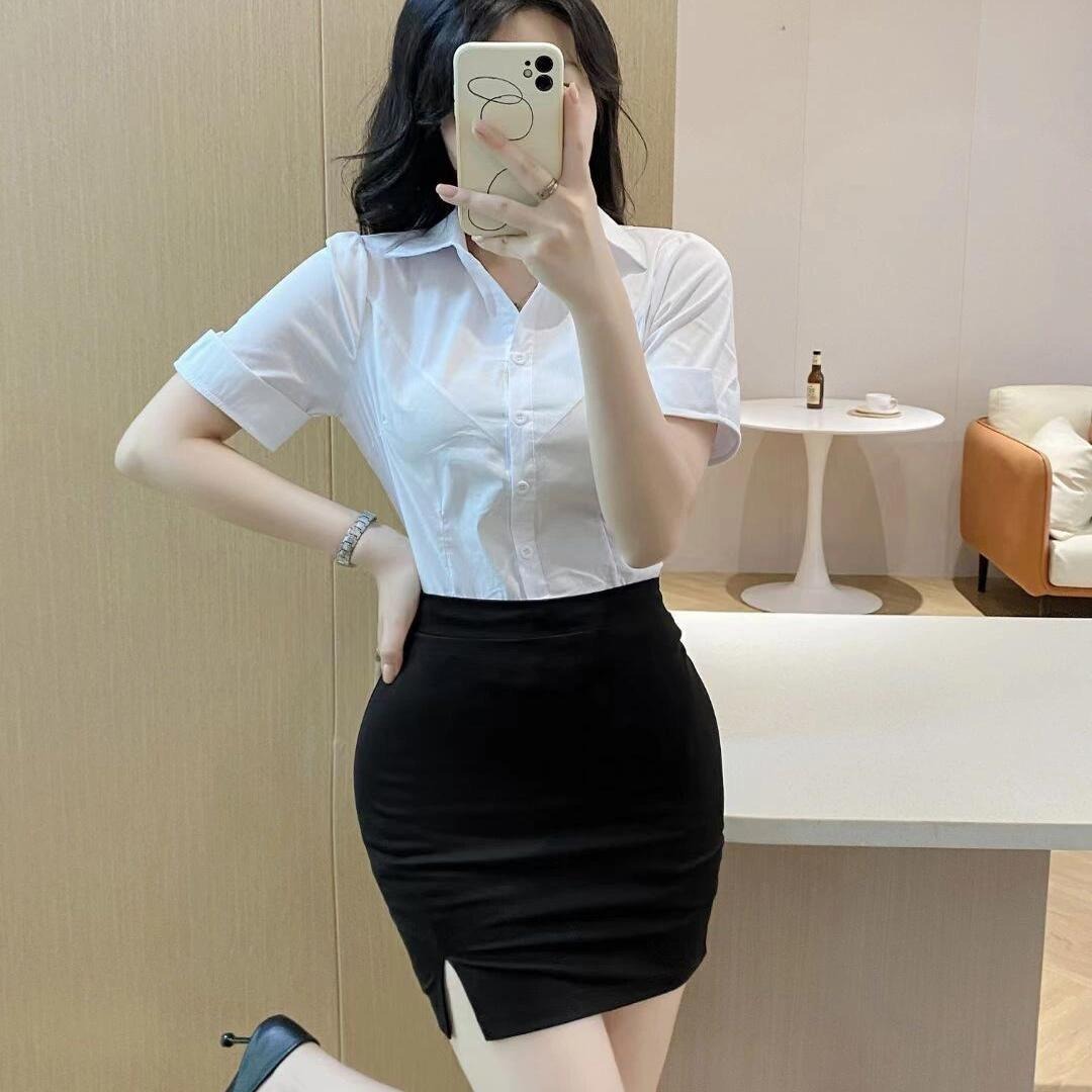 Pure waist-hugging white shirt for women's professional work clothes set slim sexy long-sleeved stretch shirt secretary OL uniform