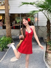 Real photo of red squid French dress for women's spring new lace halter neck skirt