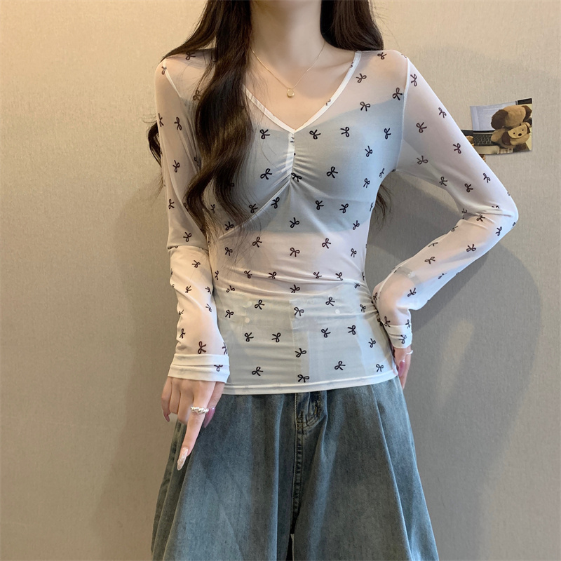 實拍 辣妹微透假兩件長袖T恤女夏季蝴蝶結印花顯瘦上衣薄罩衫