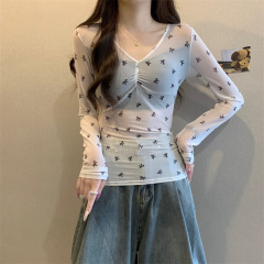 實拍 辣妹微透假兩件長袖T恤女夏季蝴蝶結印花顯瘦上衣薄罩衫