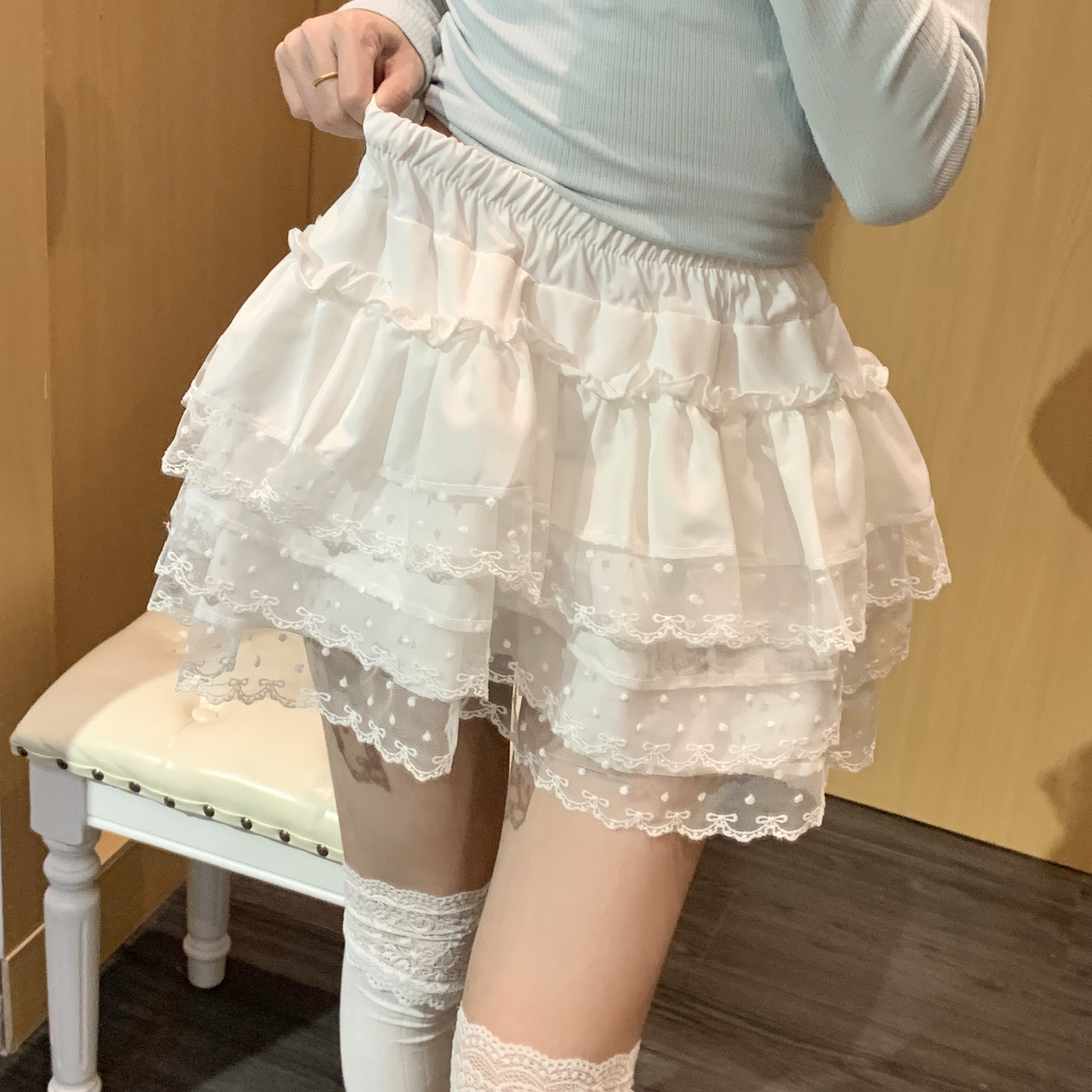非實拍 白色甜美蝴蝶結蕾絲邊蓬蓬蛋糕裙女春夏顯瘦半身裙潮