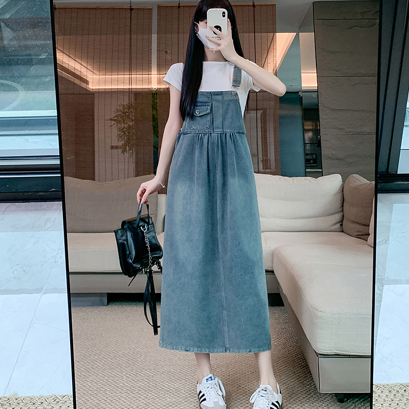 Real shot~Retro denim strap skirt suspender dress versatile women's new style over-knee super fairy skirt
