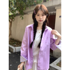 2025 spring solid color long-sleeved shirt for women retro design niche loose versatile shirt contrast top coat