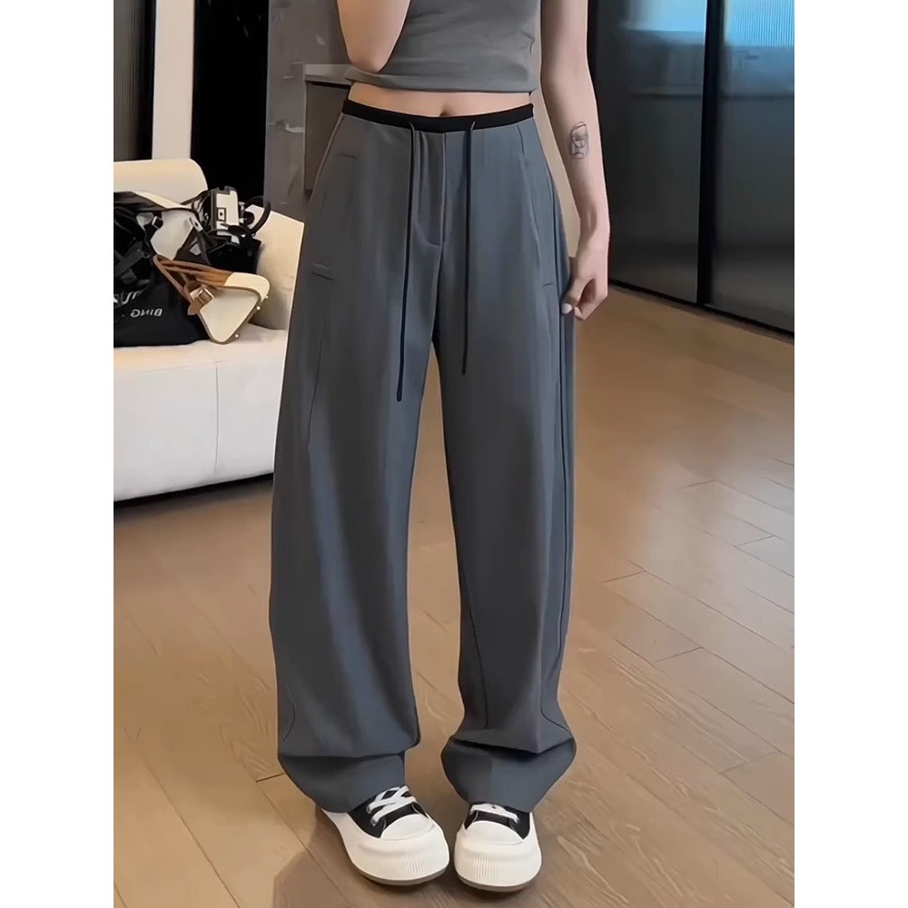 韓國chic立體腰頭休閒西裝褲2025春季高腰拖地褲寬鬆直筒闊腿長褲