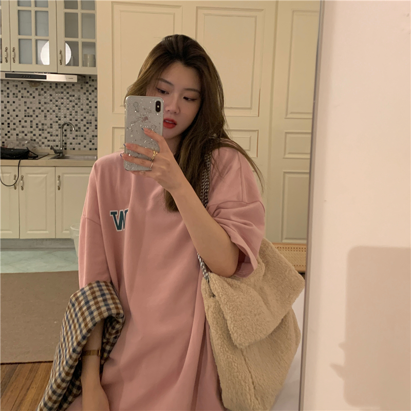 #Real shot 6535 tie-up cotton 2025 new large size Korean version loose letter printing short-sleeved T-shirt for women