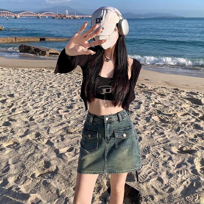 復古辣妹牛仔短裙女2025夏季小個子高腰顯瘦防走光a字包臀半身裙