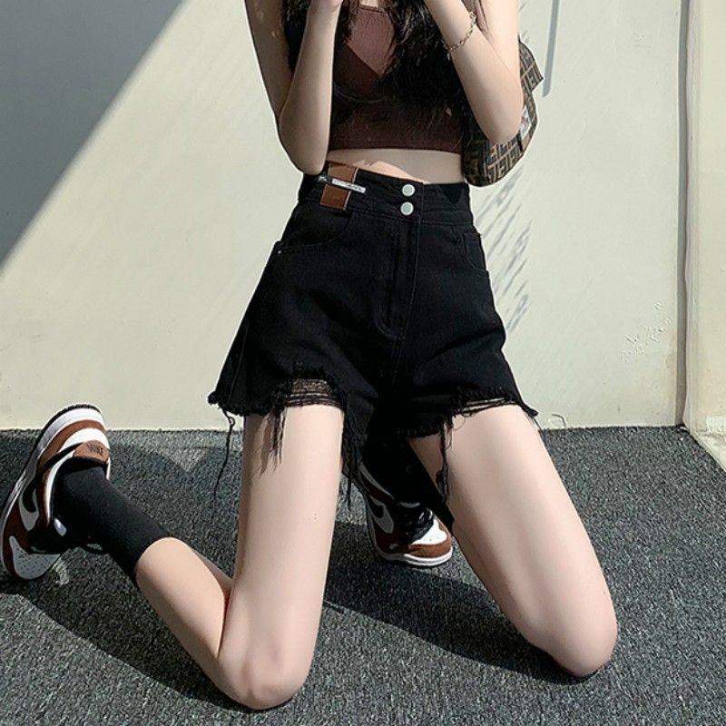 黑色高腰排扣牛仔短褲女毛邊皮牌2025春夏韓版潮寬鬆顯瘦百搭熱褲