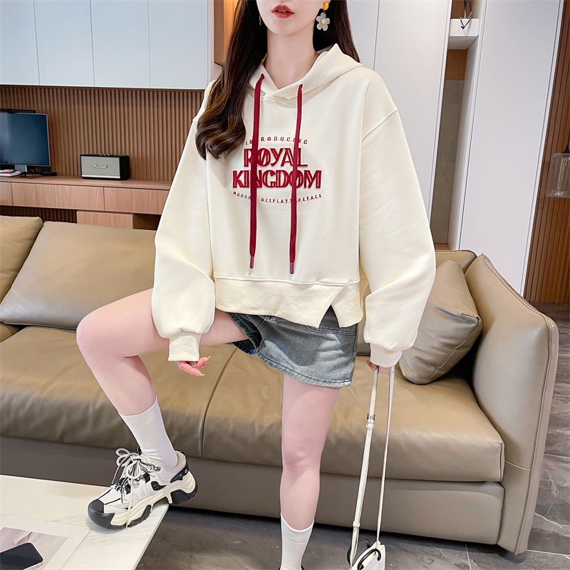 Real photos of Hua Cotton Hooded Short Sweatshirt for Women's New Spring and Autumn Fashionable Age-reducing Loose Design Top Trendy