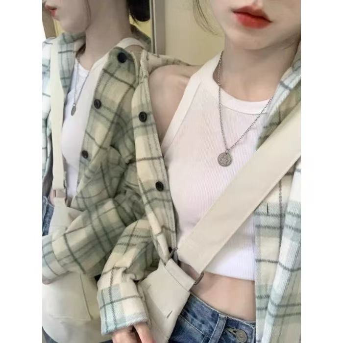 非實拍 韓系格子襯衫外套新款設計感小眾上衣小個子穿搭襯衣