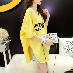 Summer 2025 Design: Short Front, Long Back, Slit Letter Print T-shirt for Women