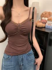 非實拍 法式V領百搭蕾絲拼接帶胸墊辣妹風性感上衣背心吊帶潮