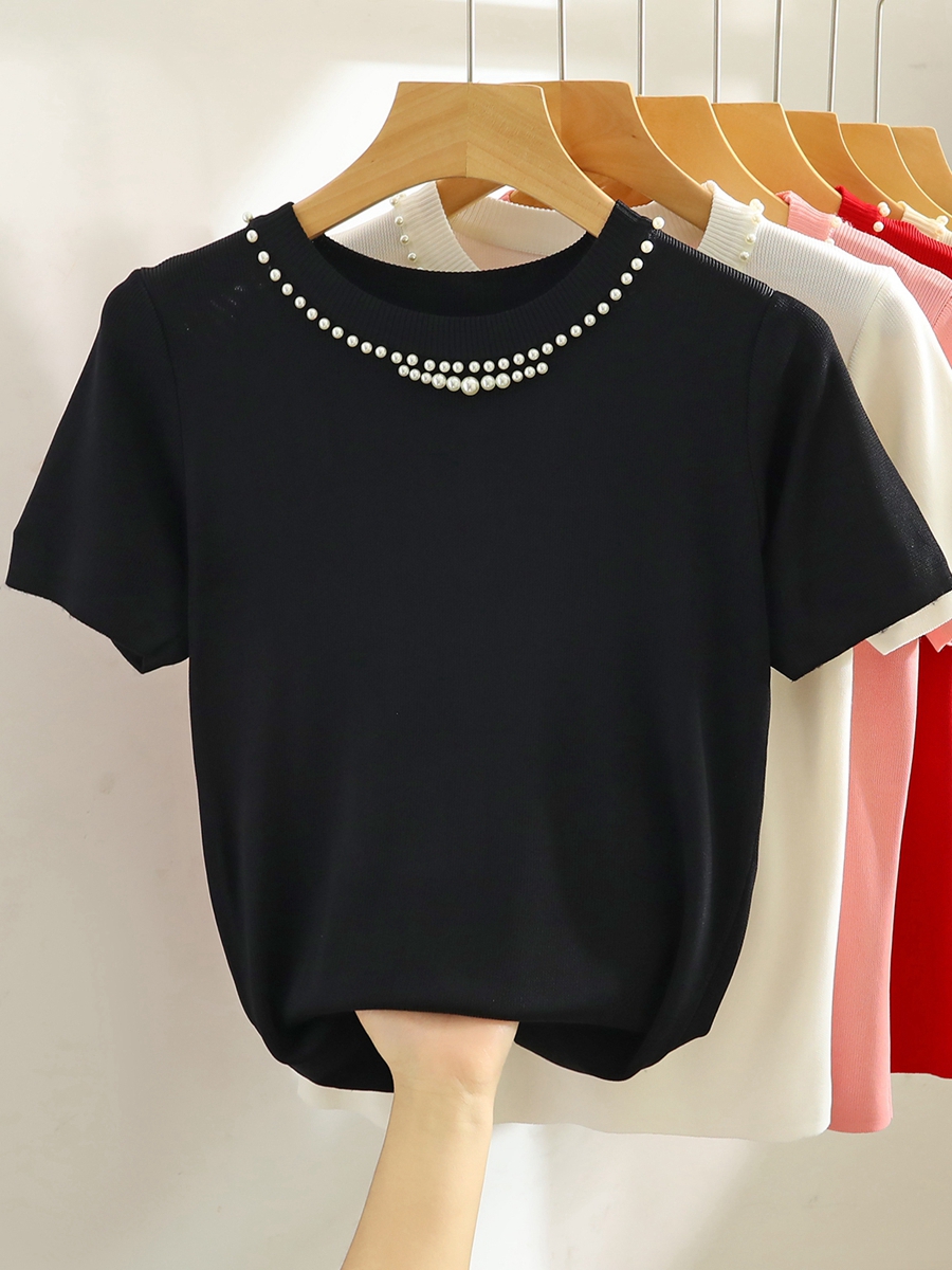 Ice silk knitted sweater short-sleeved T-shirt for women in summer new style beads and fashionable loose short base shirt top