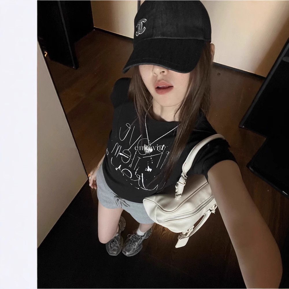韓國chic純棉後包領夏季新款韓版美式印花修身高彈辣妹短袖T恤女