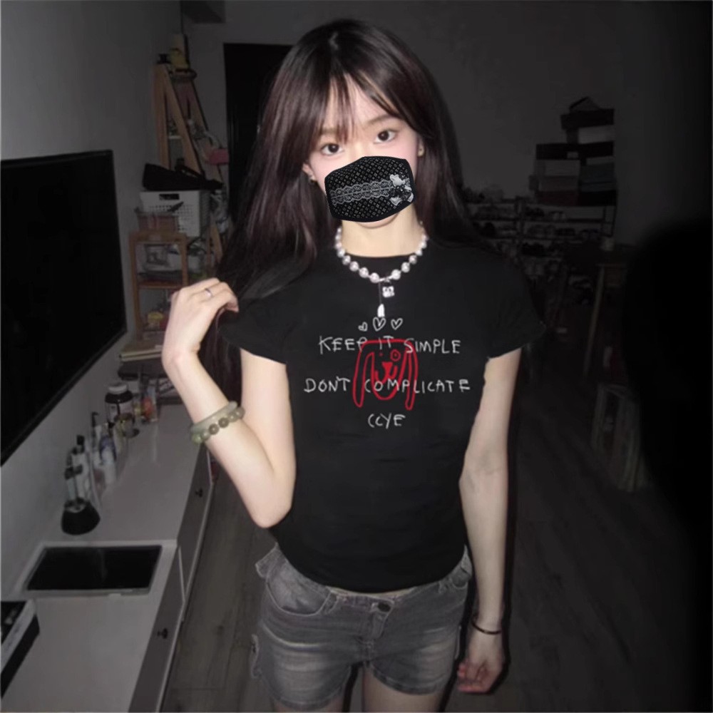 韓國chic純棉後包領夏季新款韓版美式印花修身高彈辣妹短袖T恤女