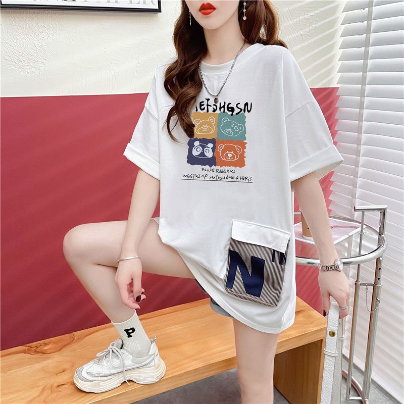 Real shot cartoon pocket design short-sleeved T-shirt women's summer new niche loose large-size T-shirt ins trendy