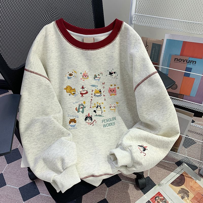 Real photos of Hua Cotton, thin large-size women's sweatshirt, women's spring and autumn new Korean version loose embroidery fake two-piece top trendy