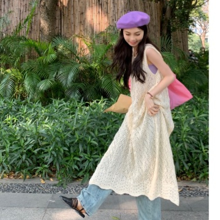 New summer thin knitted vest dress hollow slit outer layered blouse mid-length long skirt