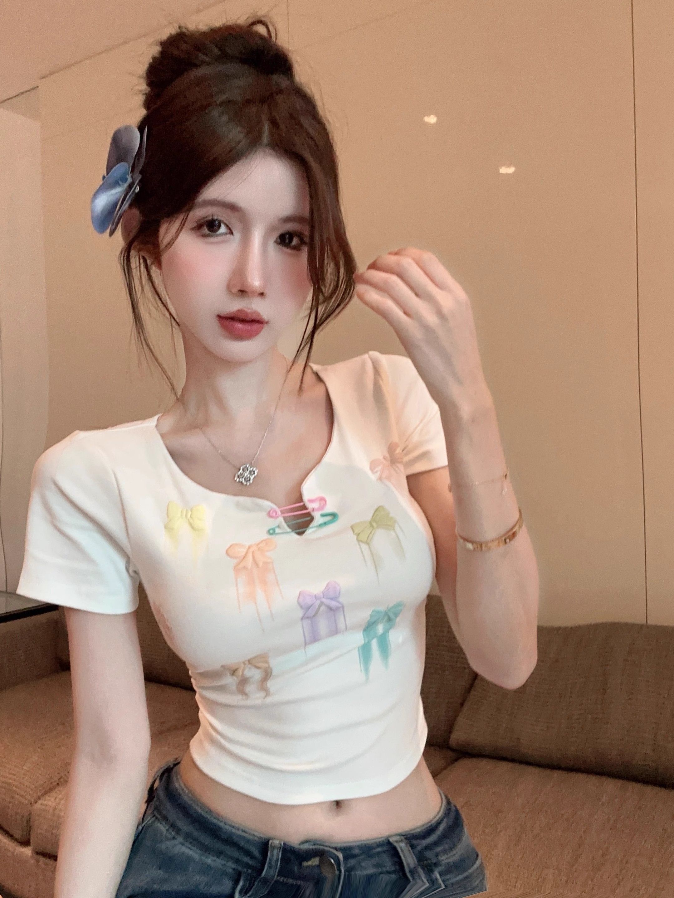 1*1隨心裁蝴蝶結正肩短袖t恤女夏季純欲甜美辣妹短款卡腰上衣半袖