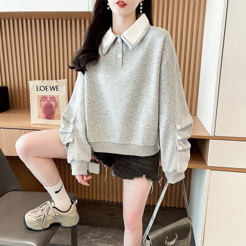Real photos of Hua Cotton Polo collar sweatshirt for women's new spring and autumn fashionable age-reducing loose large-size women's tops trendy
