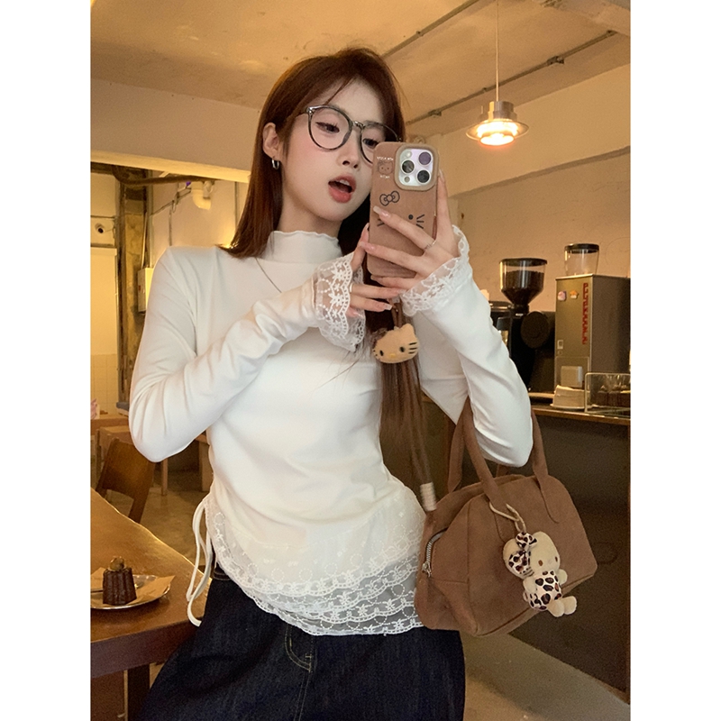 Official picture + original method of double-layer lace knitted sweater half turtleneck lace inner T-shirt