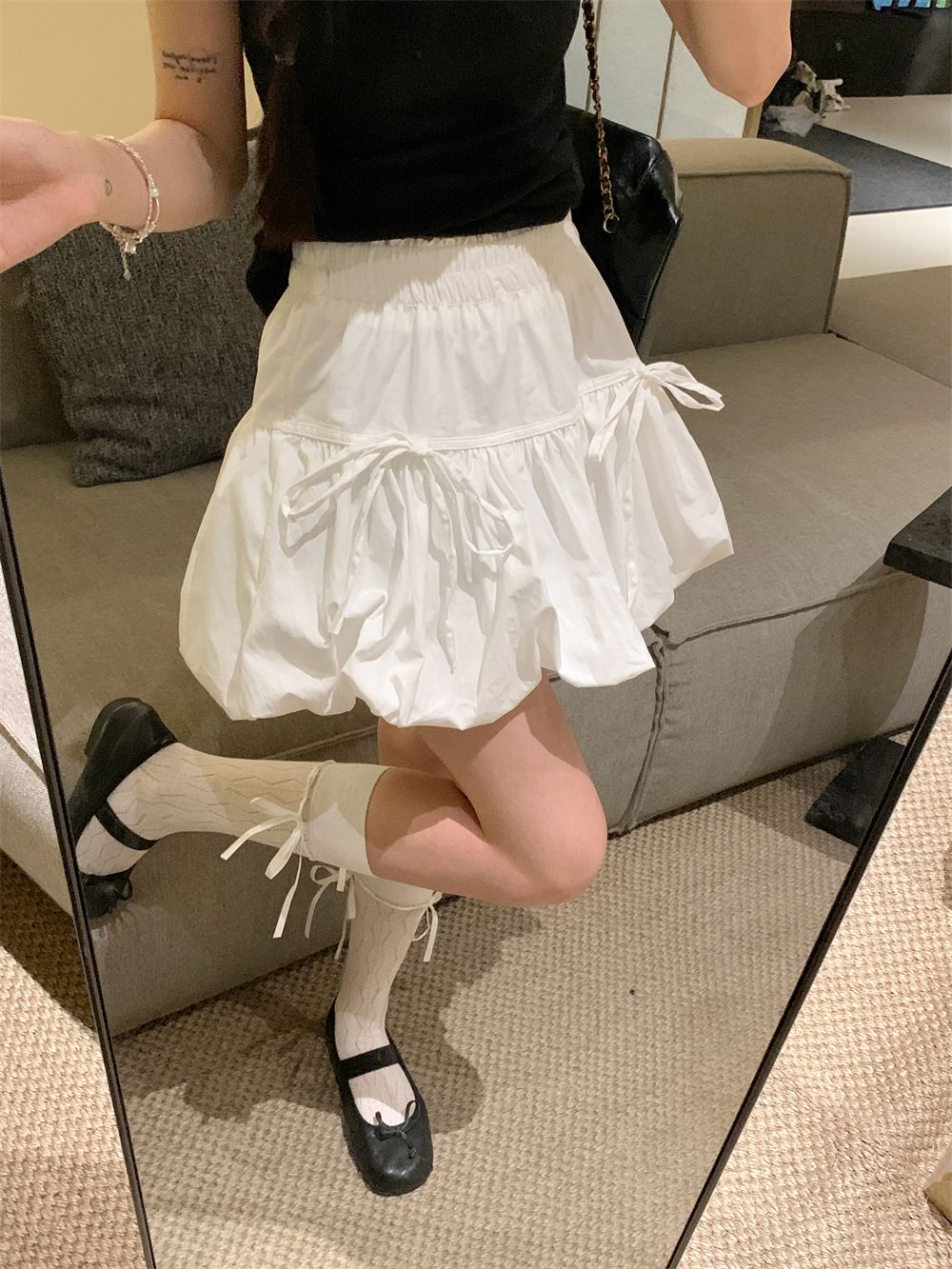 有內襯 蝴蝶結雲朵蓬蓬裙女夏季新款高腰花苞半身裙燈籠短裙