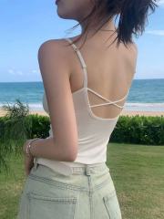 非實拍 美背吊帶新款女內搭黑色背心外穿帶胸墊打底海邊上衣