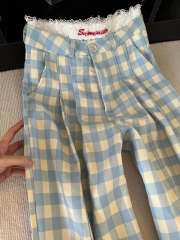 Blue plaid pants for women in summer thin high waist drape straight wide-leg pants small loose casual floor pants