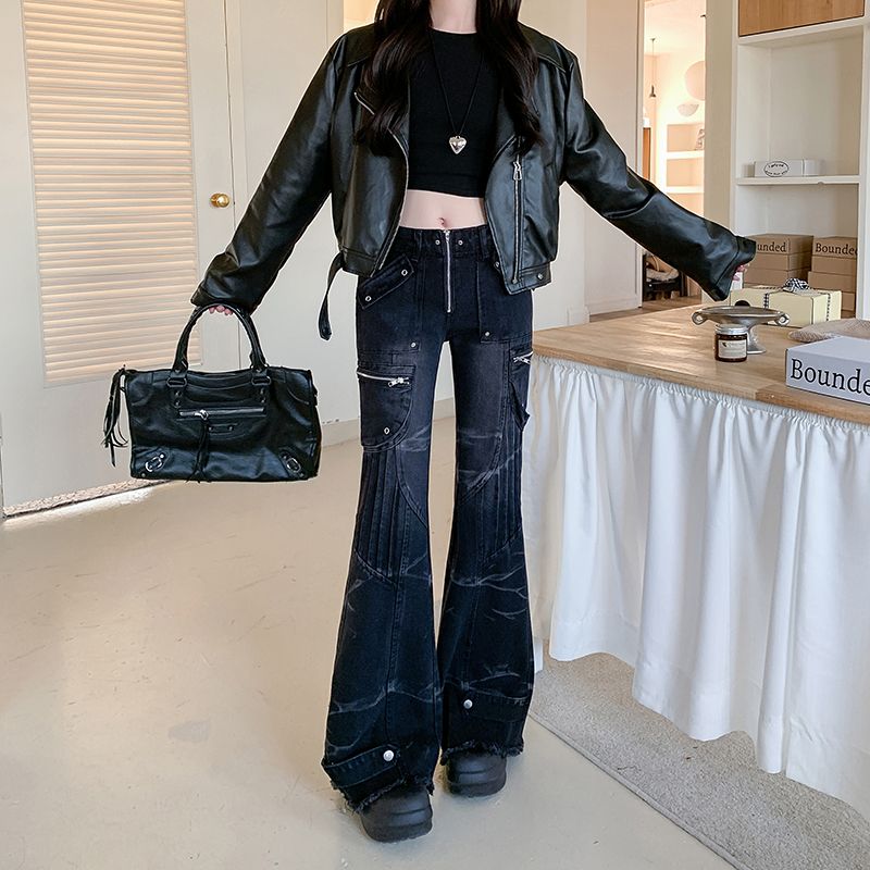 Real shot~ Hot girl heavy industry rivet low waist work pants for women new street punk style micro flared trousers