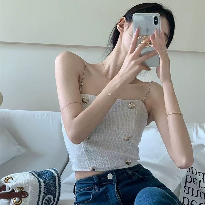 非實拍 小香風純欲性感鏈條肩帶休閒百搭修身短款小吊帶上衣