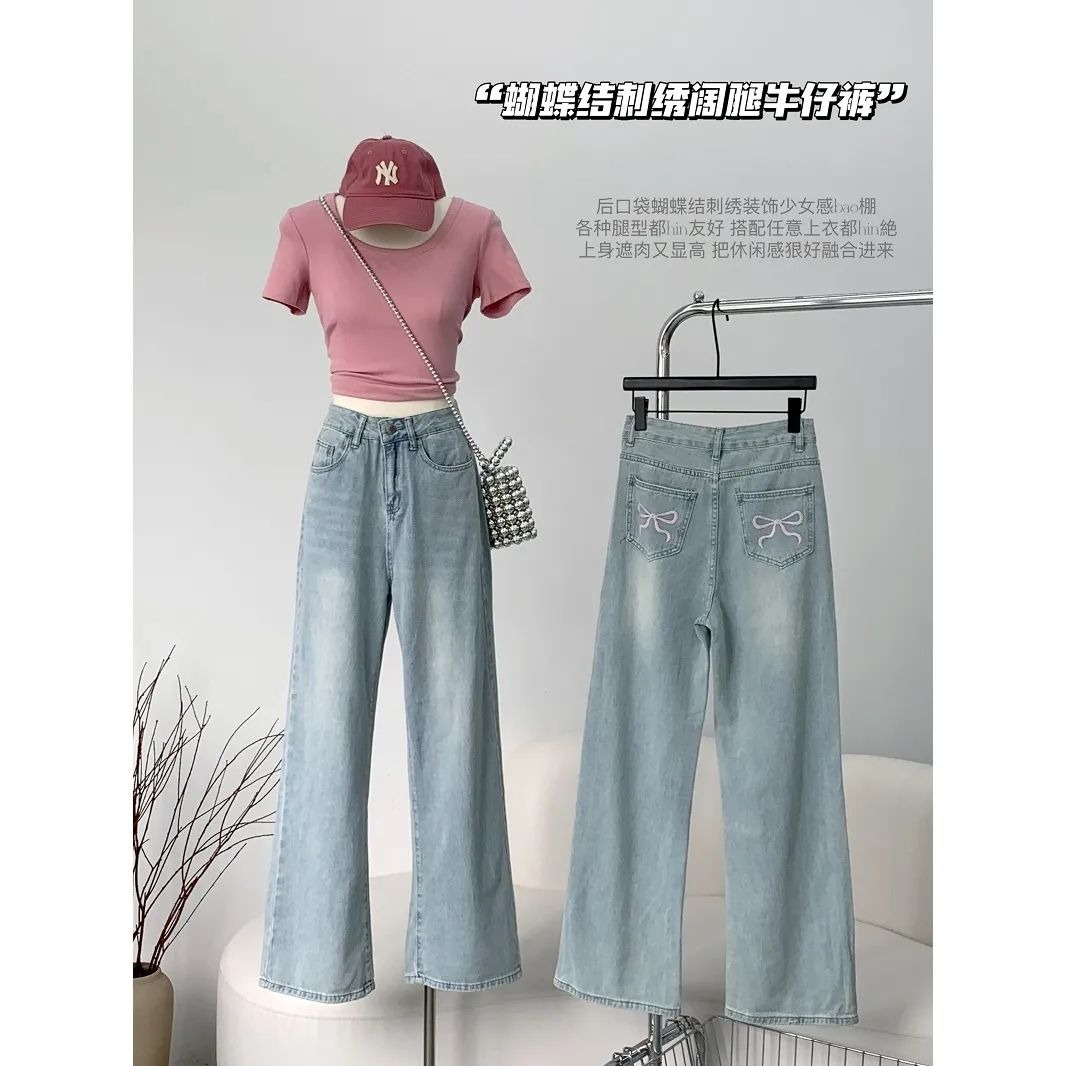 優質淺色設計感蝴蝶結刺繡牛仔褲女復古高腰直筒褲闊腿褲拖地長褲