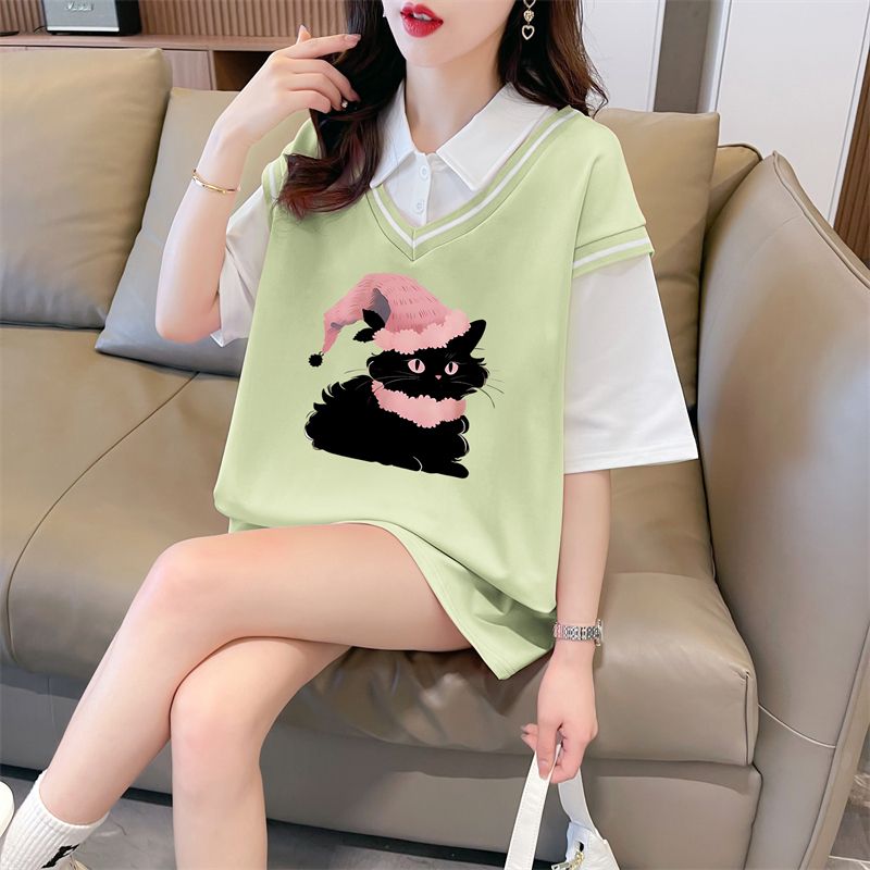 Real shot of polo neck fake two-piece T-shirt large-size women's new summer fashionable age-reducing loose short-sleeved top trendy