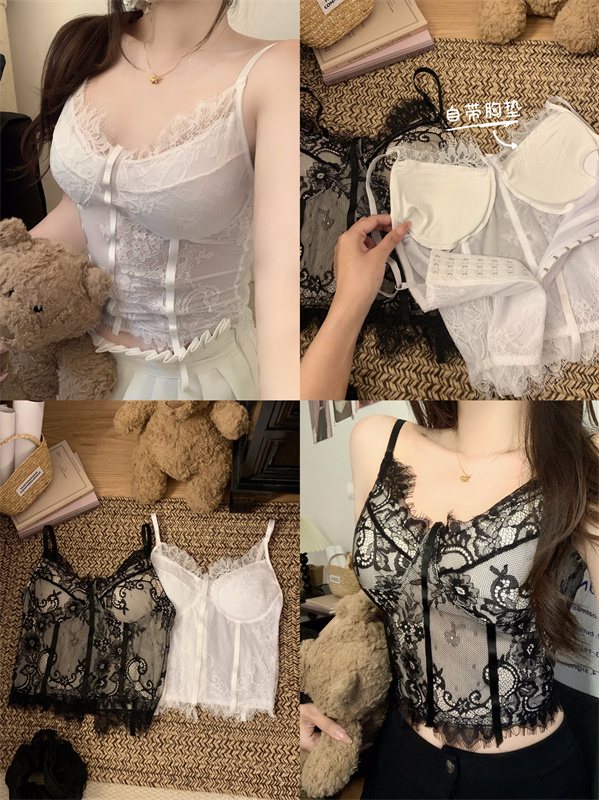 實拍 黑色蕾絲純欲性感吊帶背心外穿帶胸墊上衣打底抹胸女潮