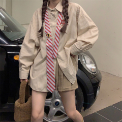 實拍 美式條紋領帶襯衫女設計感小眾復古polo領長袖襯衣外套
